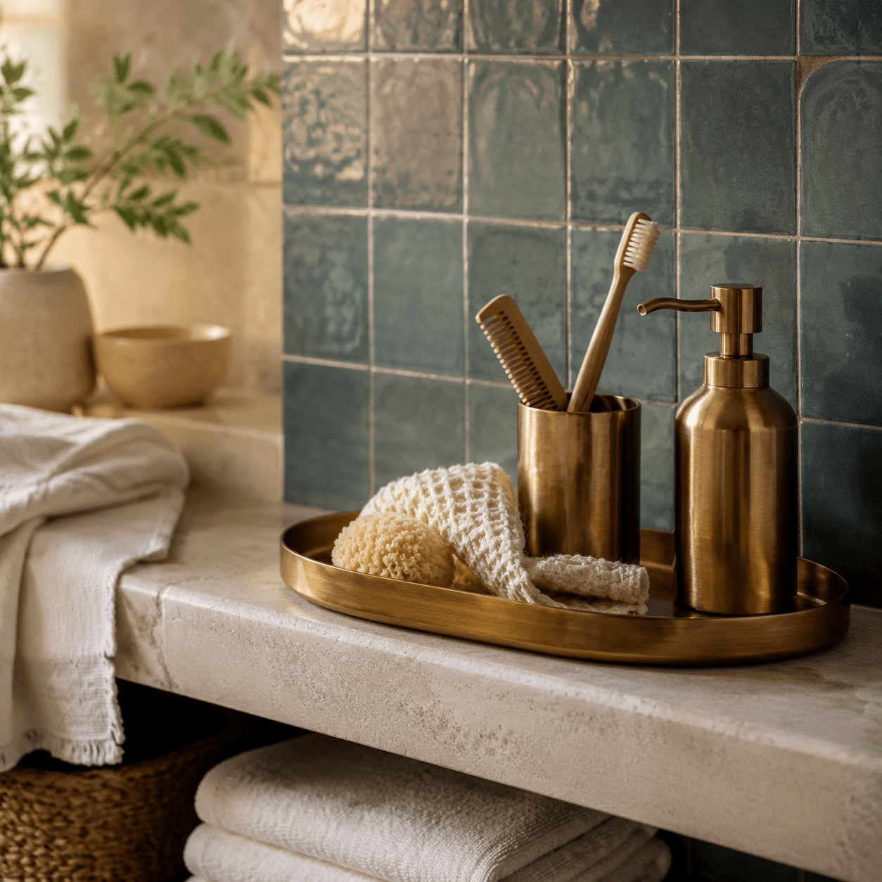 Warm Brass bathroom palette scene
